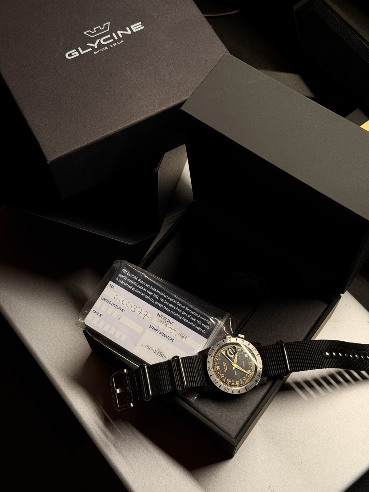 Glycine Airman Automatic 42mm Black 24-Hour Dial Date Nylon Strap Box Papers