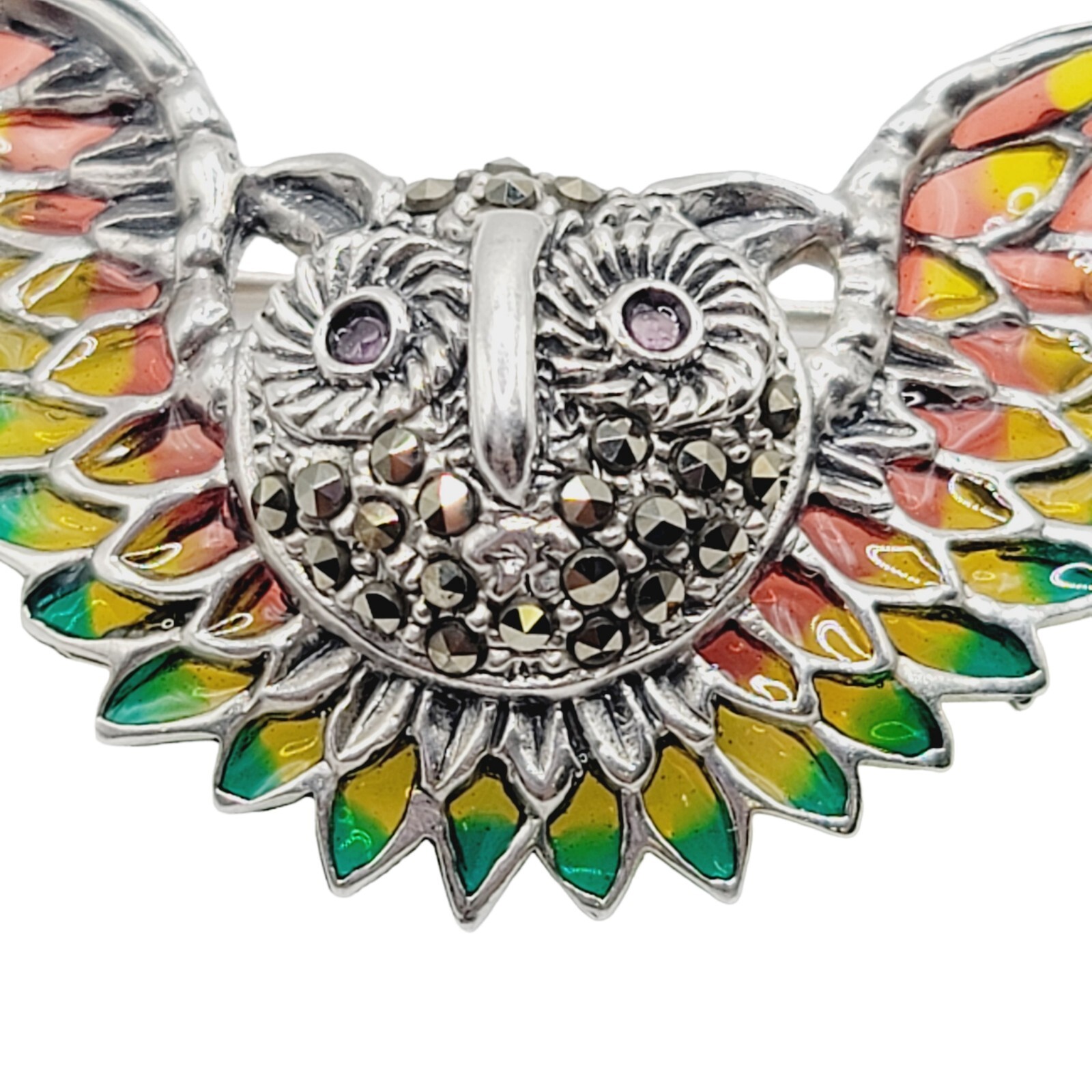 Handmade 925 Sterling Silver Plique Enamel Ruby Marcasite Brooch Owl in Flight
