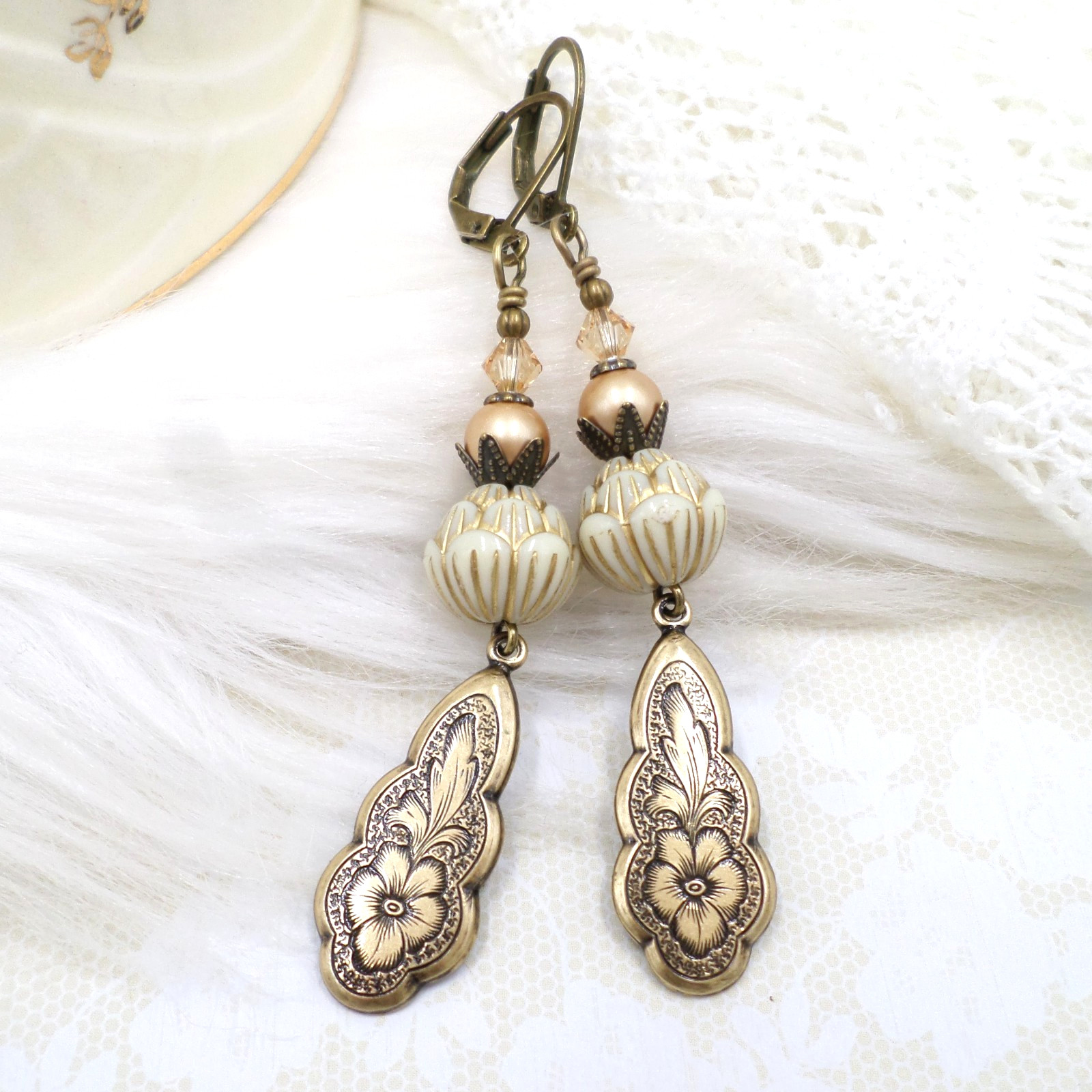 Victorian Floral Brass Earrings, Cream Acrylic Bead Handmade Dangle Jewelry