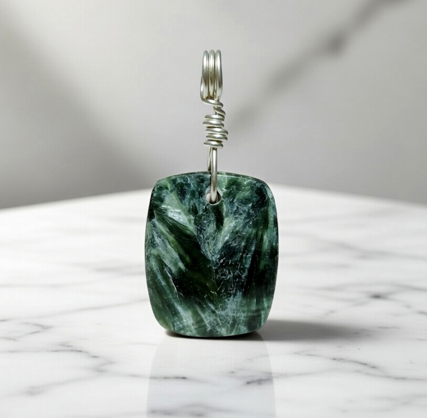 34.50Cts Natural Green Seraphinite Cabochon Pendant 925 Sterling Silver Handmade