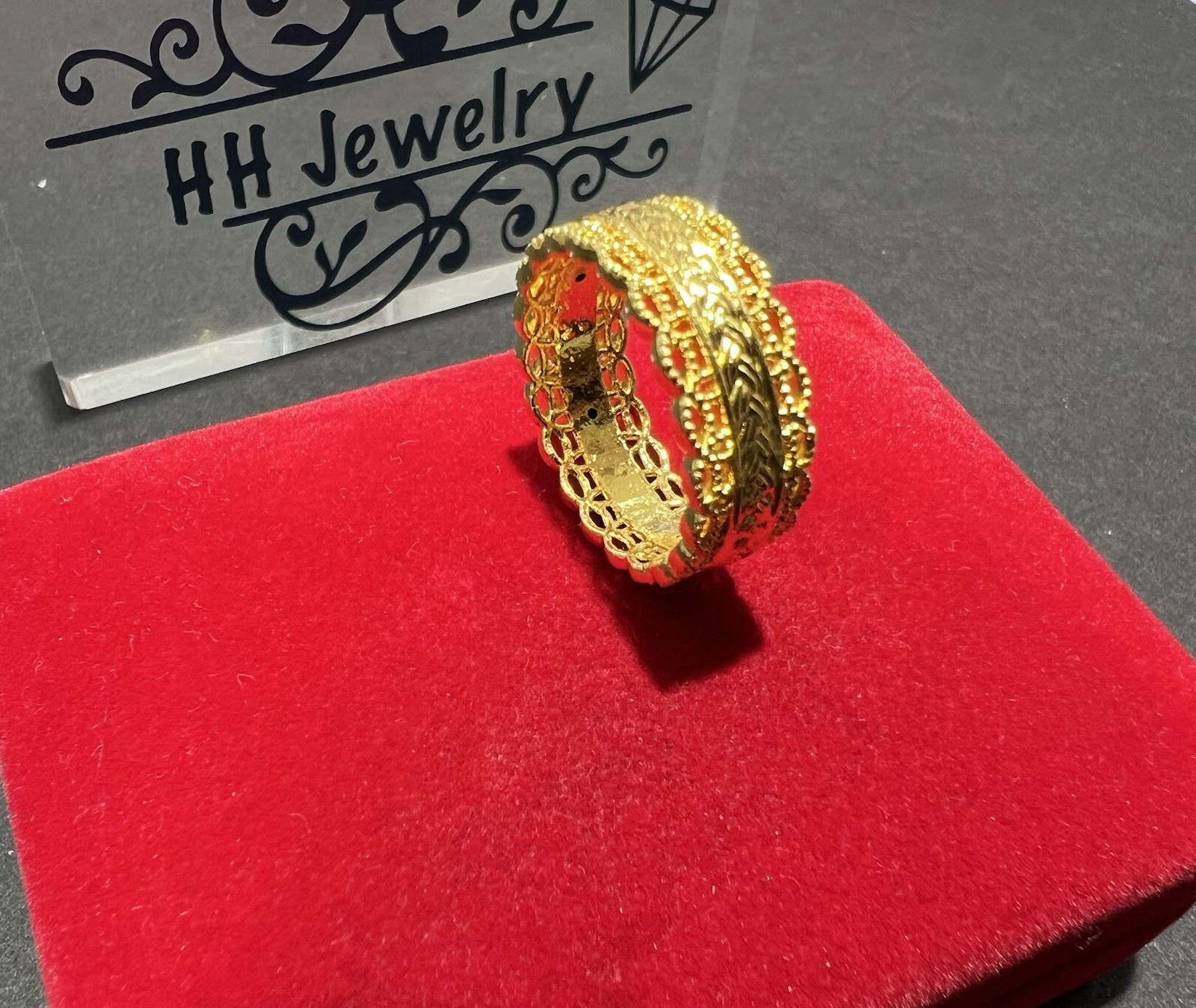 24K Yellow Gold Hollow Wide Diamond Cut Infinity Eternity Ring Band