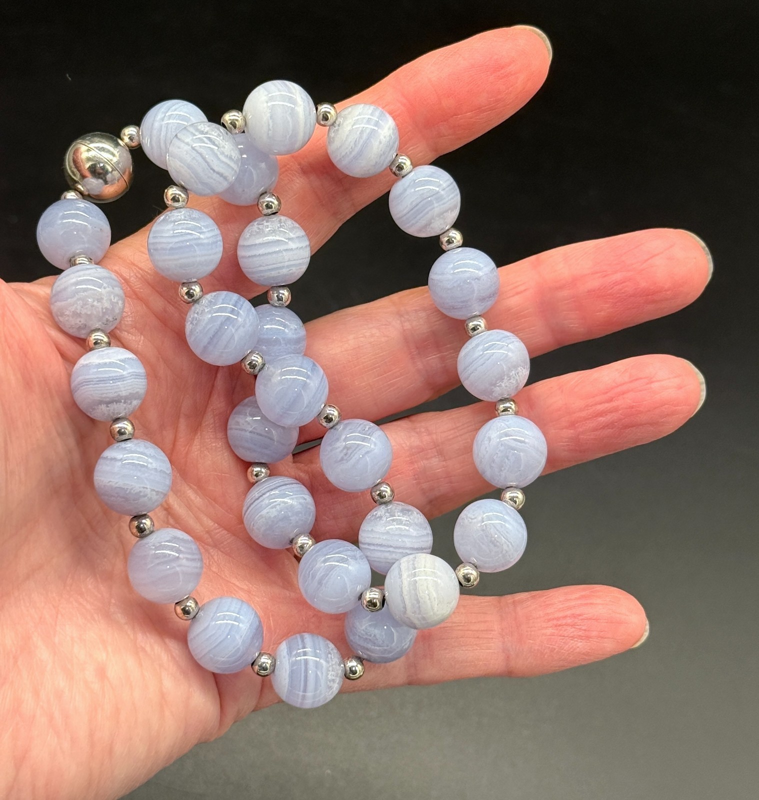 Milor Italian Necklace Blue Lace Agate 18″ Sterling Silver Magnetic 3016