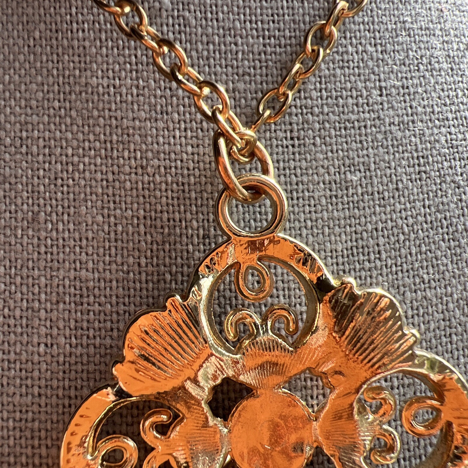 Mid-Century Orange /Pink Rhinestone Gold Tone Tassel Statement Necklace Fabulous
