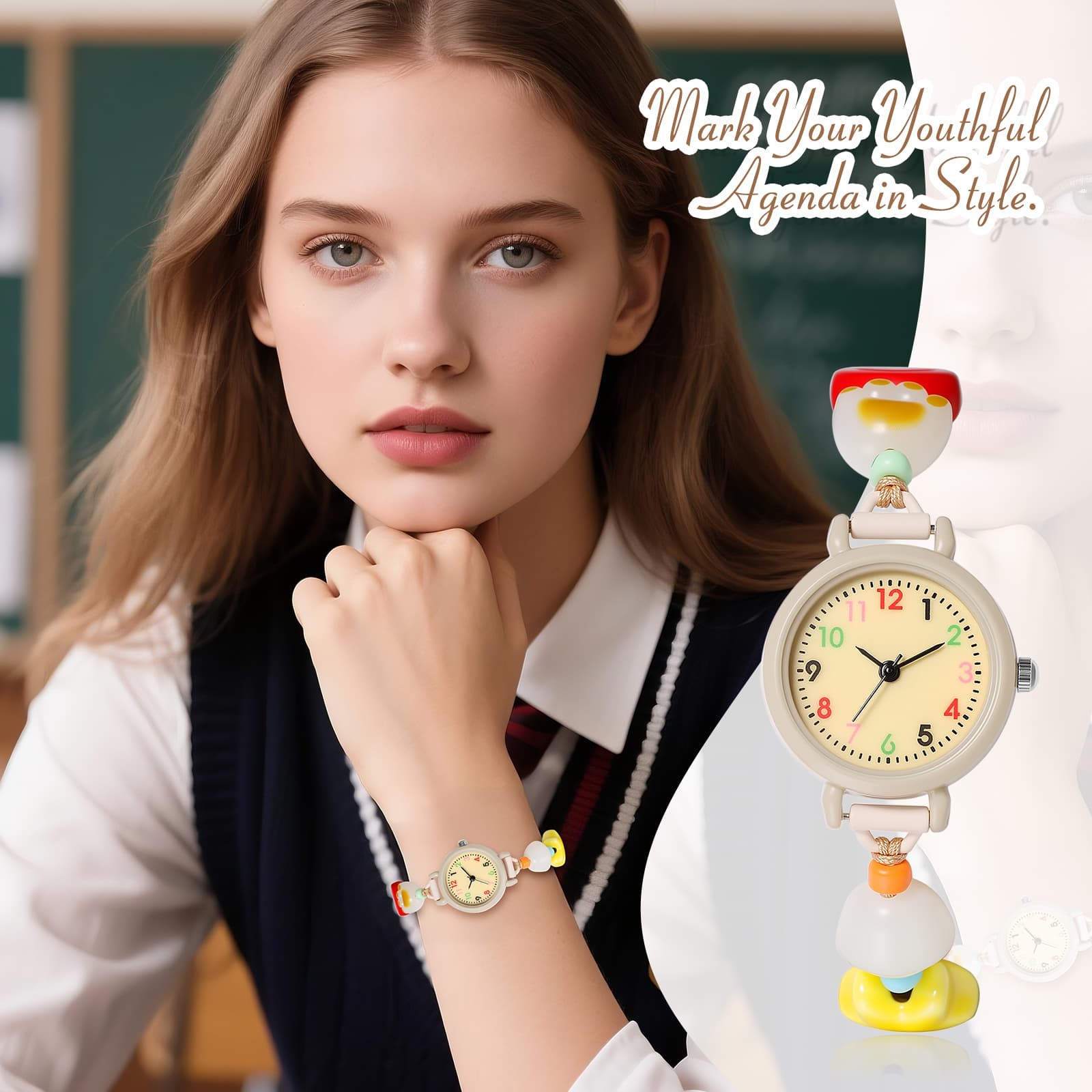 Women Cute Wood Bead Elastic Band Student Wrist Watch Graduation Birthday Gift