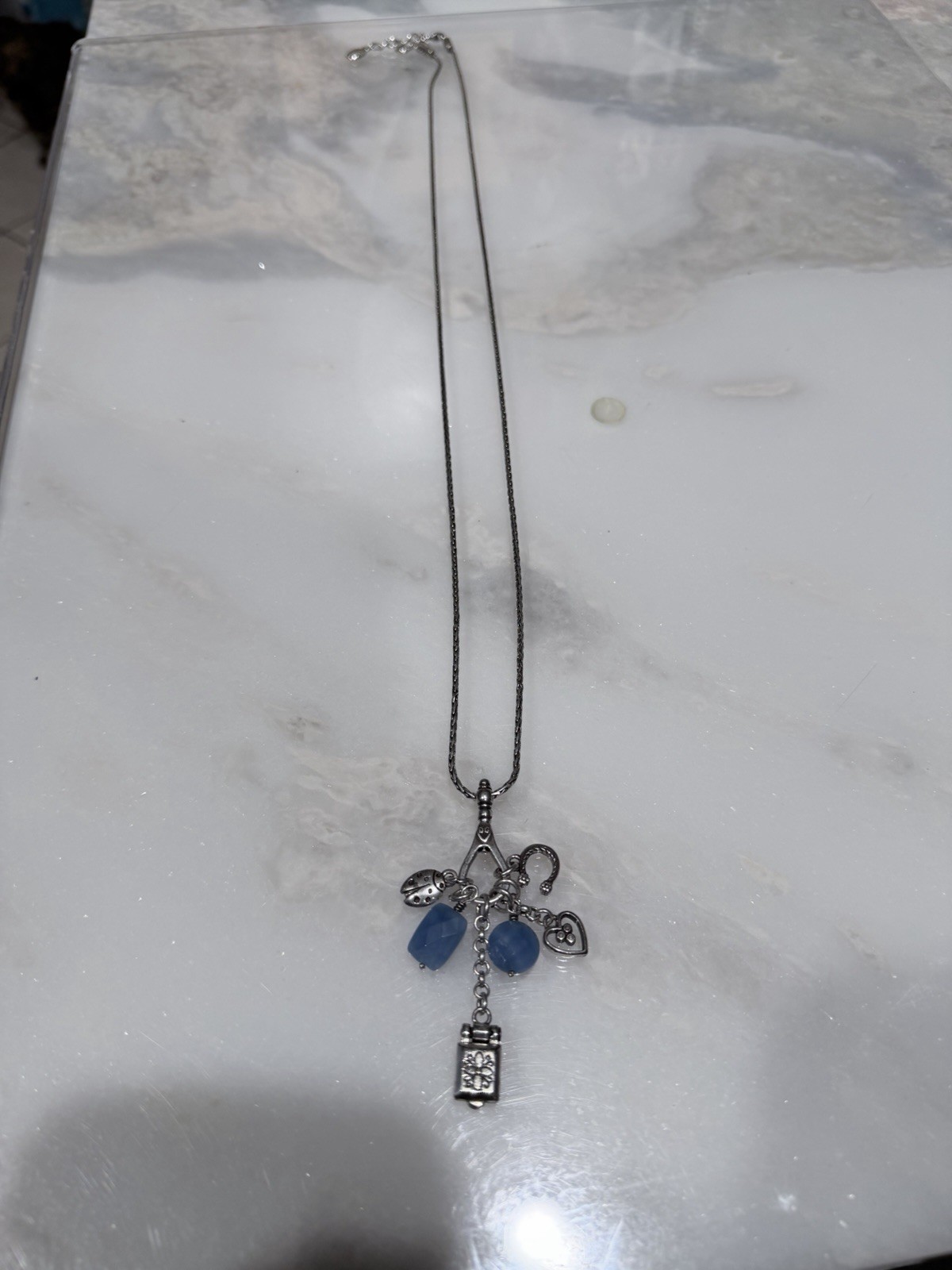 Brighton Silver Tone Charm Necklace Blue Beads Ladybug Heart Purse Horseshoe 20”