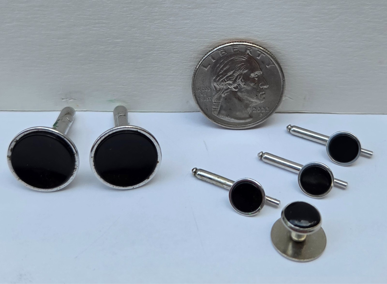 Vintage Swank Silver Tone Black Onyx Cufflinks and Tuxedo Shirt Studs Set