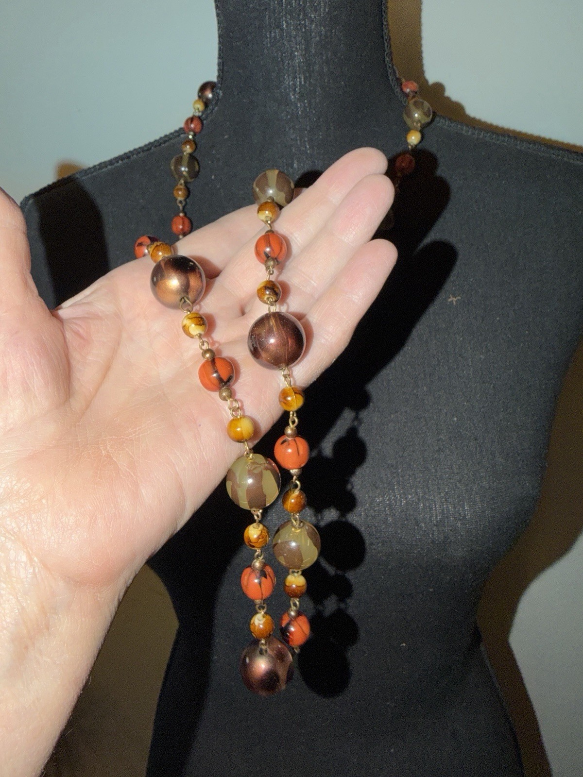 Vintage Long Brown, Orange & Amber Glass Bead Necklace Strand No Clasp.