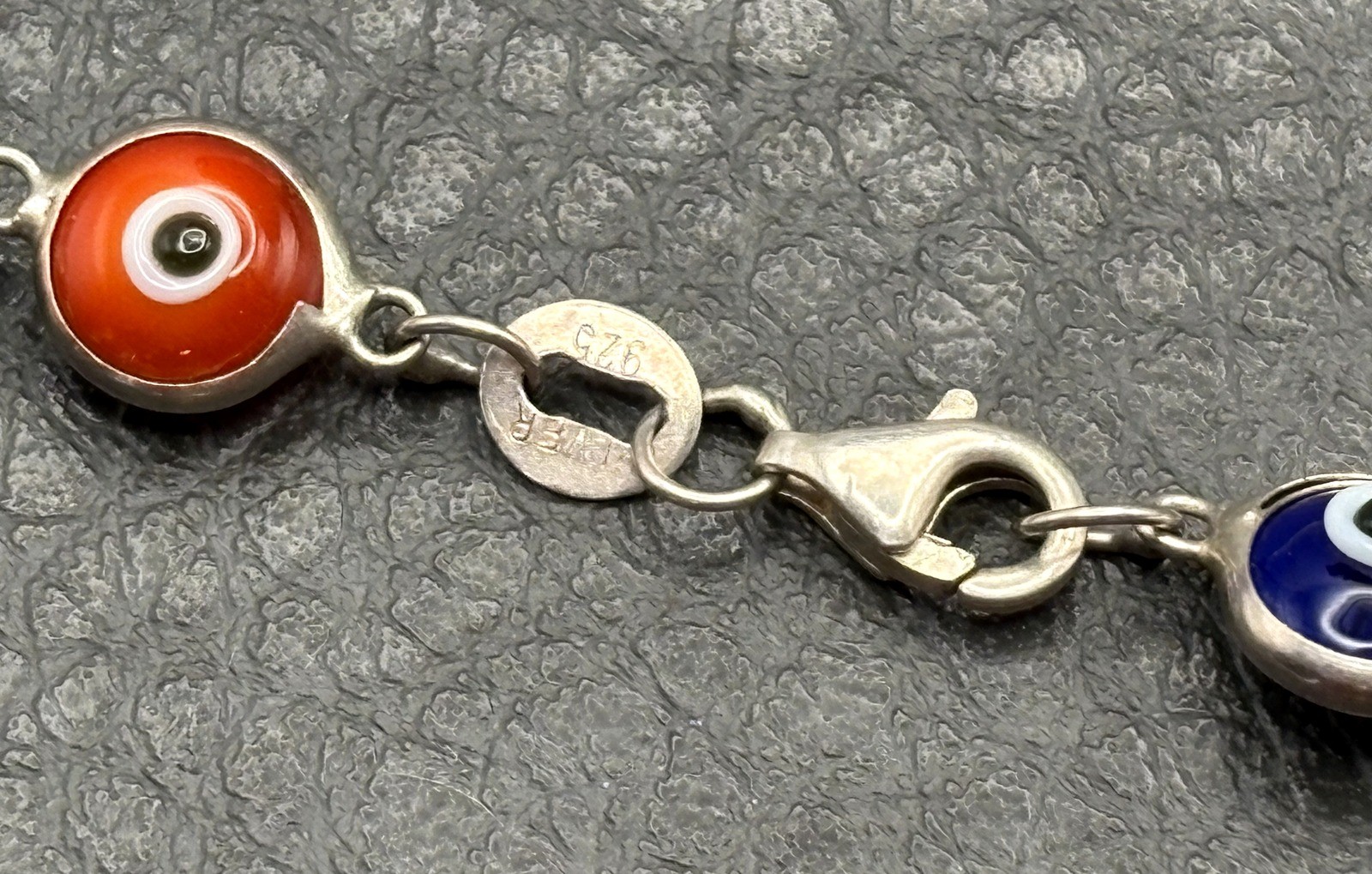 Vintage Sterling Silver 925 Multicolor Glass Evil Eye Link Bracelet 7.5″