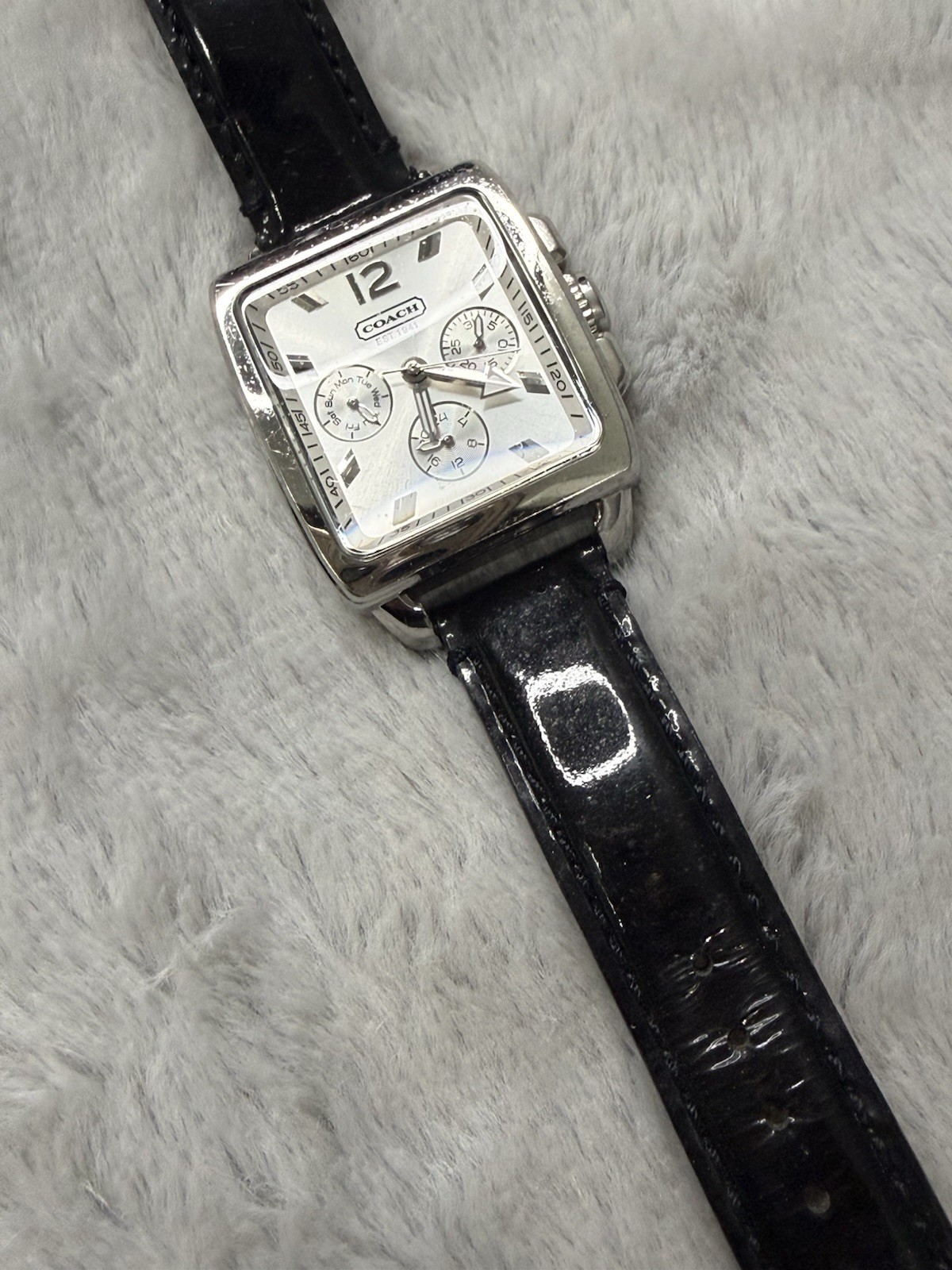 Coach Womens Watch Square Chronograph Black Patent Leather Band