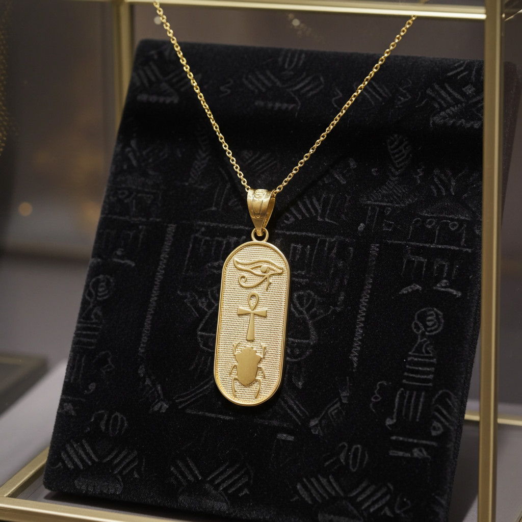 Yellow Gold Egyptian Symbols Eye of Horus, Ankh and Scarab Beetle Pendant