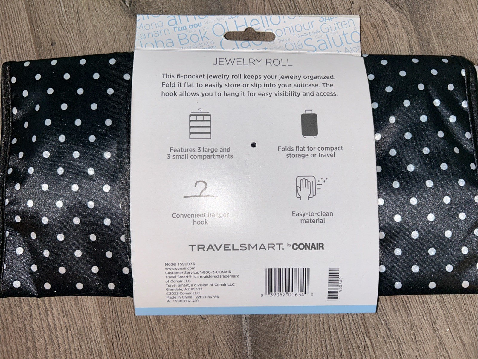 ❤️ CONAIR Travel Jewelry Organizer – Black Polka Dot Roll-Up Hanging Case NEW