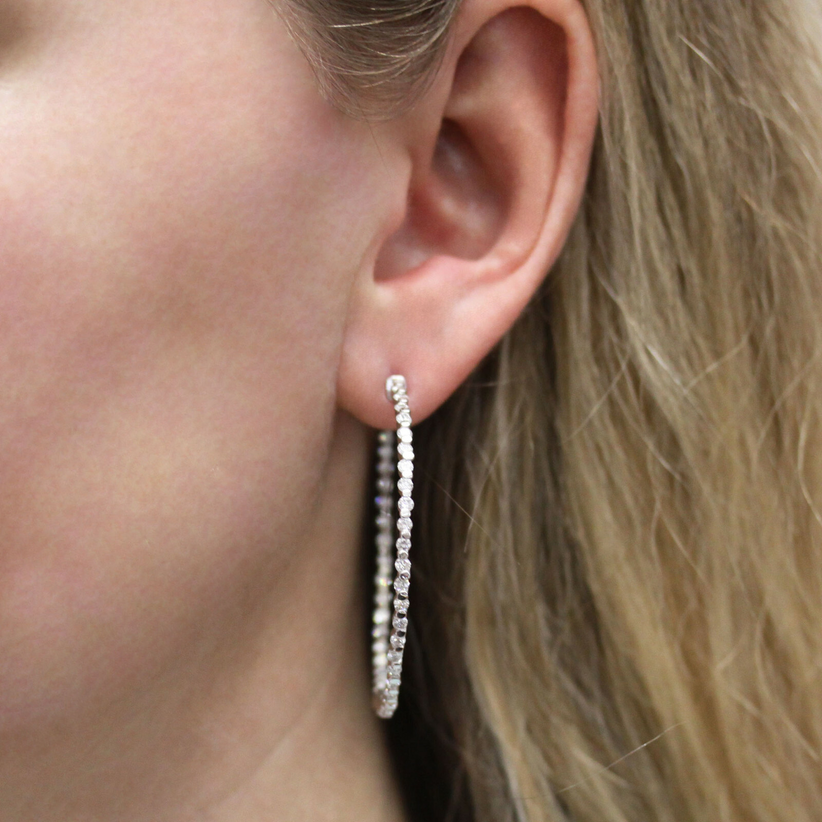 3.1 ctw Natural Diamond Solid 14k White Gold Bar Inside Out Hoop Earrings 48 MM