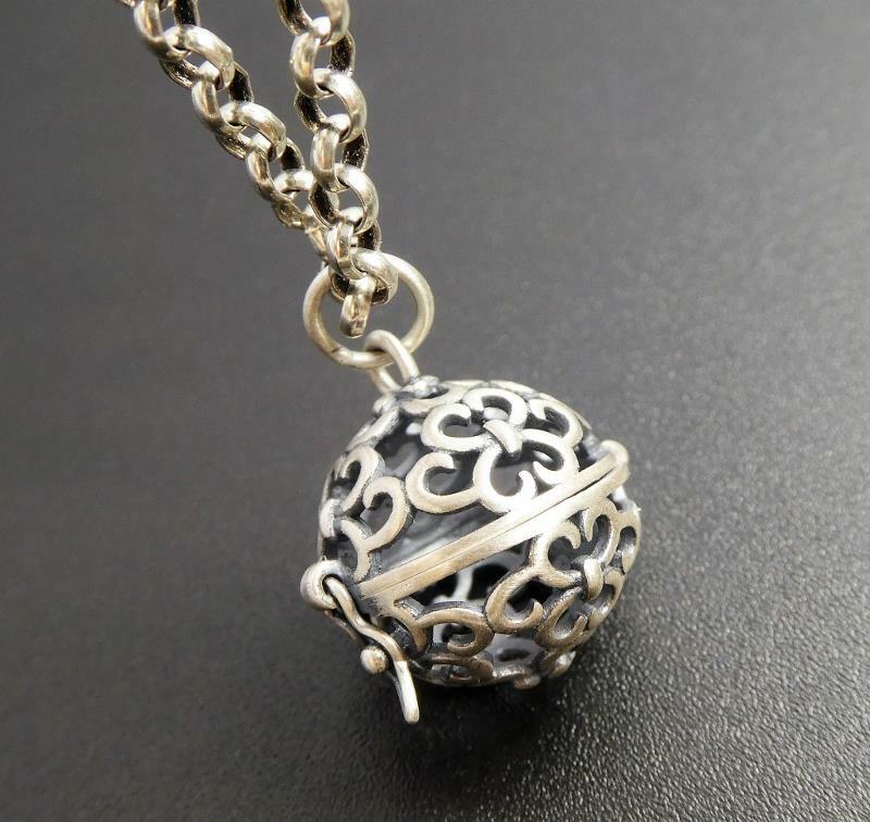 Antiqued Sterling Silver Cutout Scroll Small Ball Locket Pendant Aromatherapy
