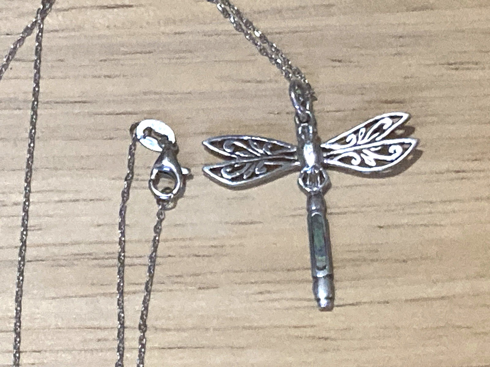 Vintage Peter Stone Pendant Necklace Sterling Silver Dragonfly Abalone Charm 925