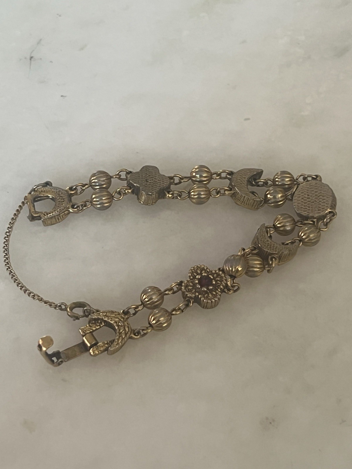 Goldette Victorian Revival Charm Bracelet with Safety Chain Unsigned
