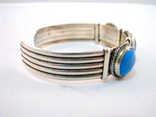 Solid Sterling Silver 900 Bangle With Larimar Bracelet Circa 1950