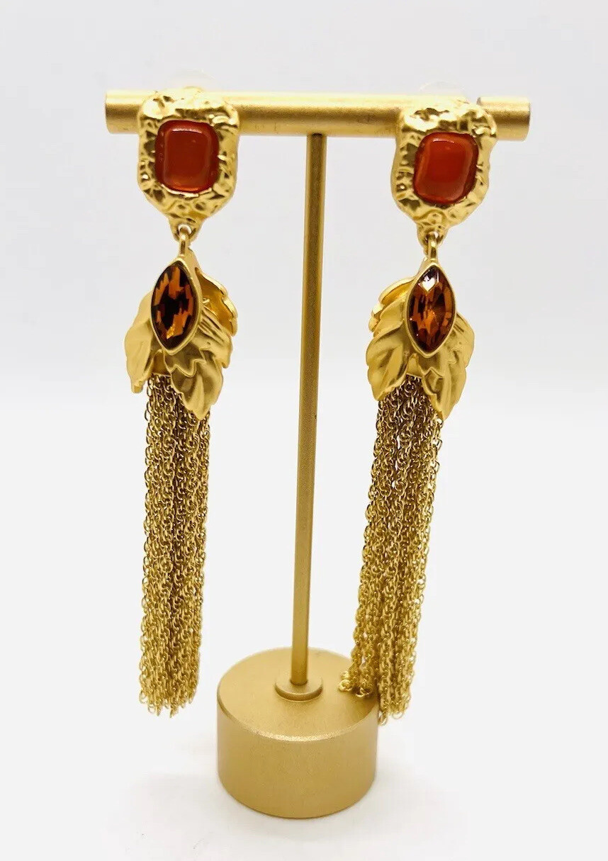 Long Catwalk Jon Amber Poured Resin & Rhinestone Chain Tassel Earrings Posts New