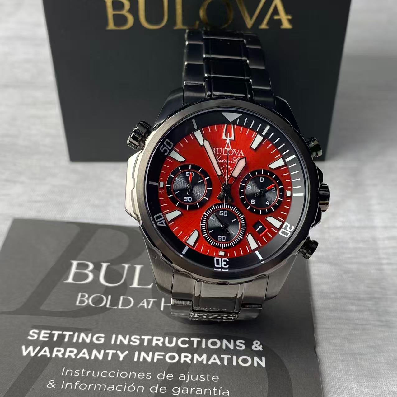 New Bulova Marine Star Men’s Chronograph Quartz Watch Red Dial 98B350 43 mm