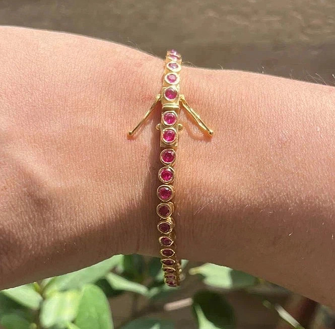 9Ct Round Lab-Created Red Ruby Tennis Bracelet 14K Yellow Gold Plated 7.5inch