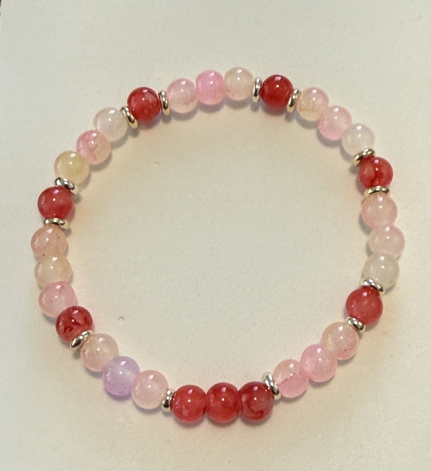 Red & Pink Glass Marble beaded stretch bracelet with gold filled accents