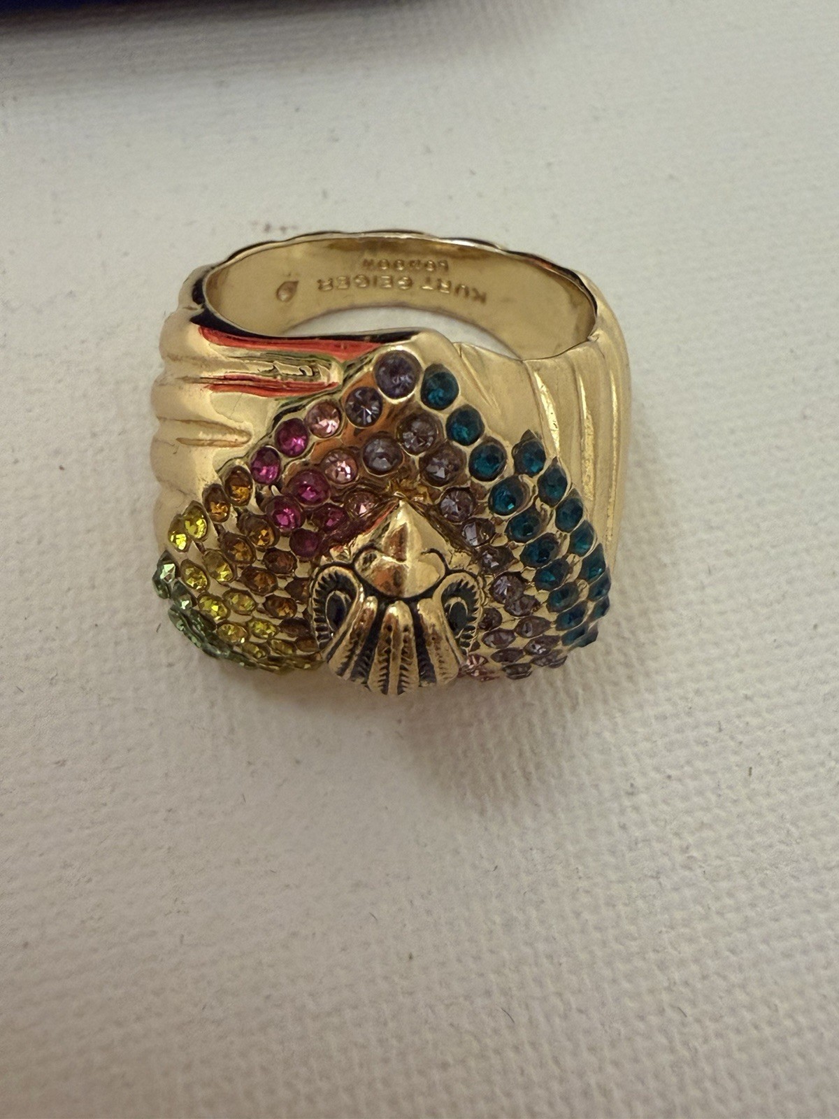 Kurt Geiger London Rainbow Pavé Signature Gold Tone Ring Size 9