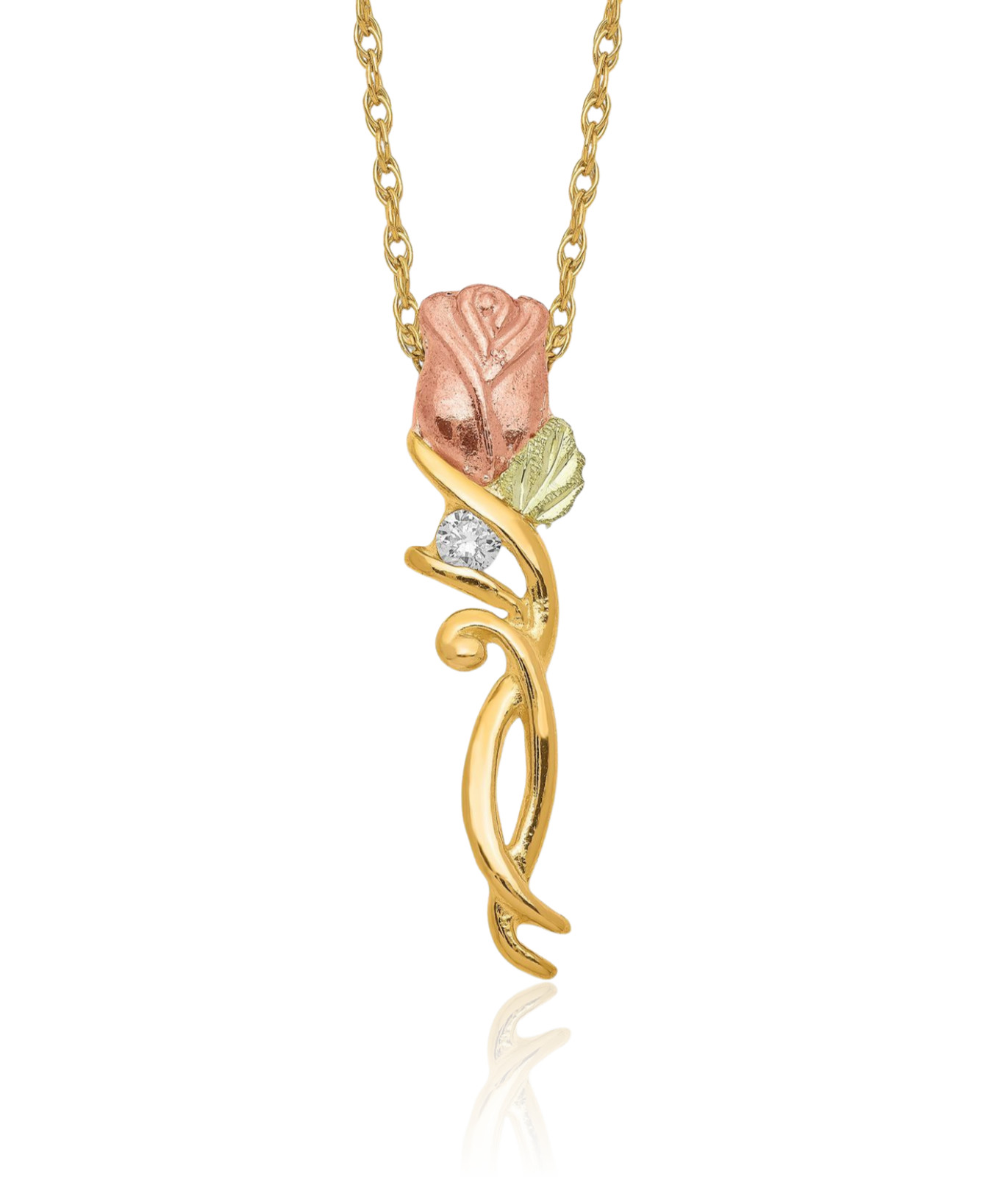 10K Solid Tri Color Gold 0.05 ct Diamond Small Rose Flower Leaf Pendant