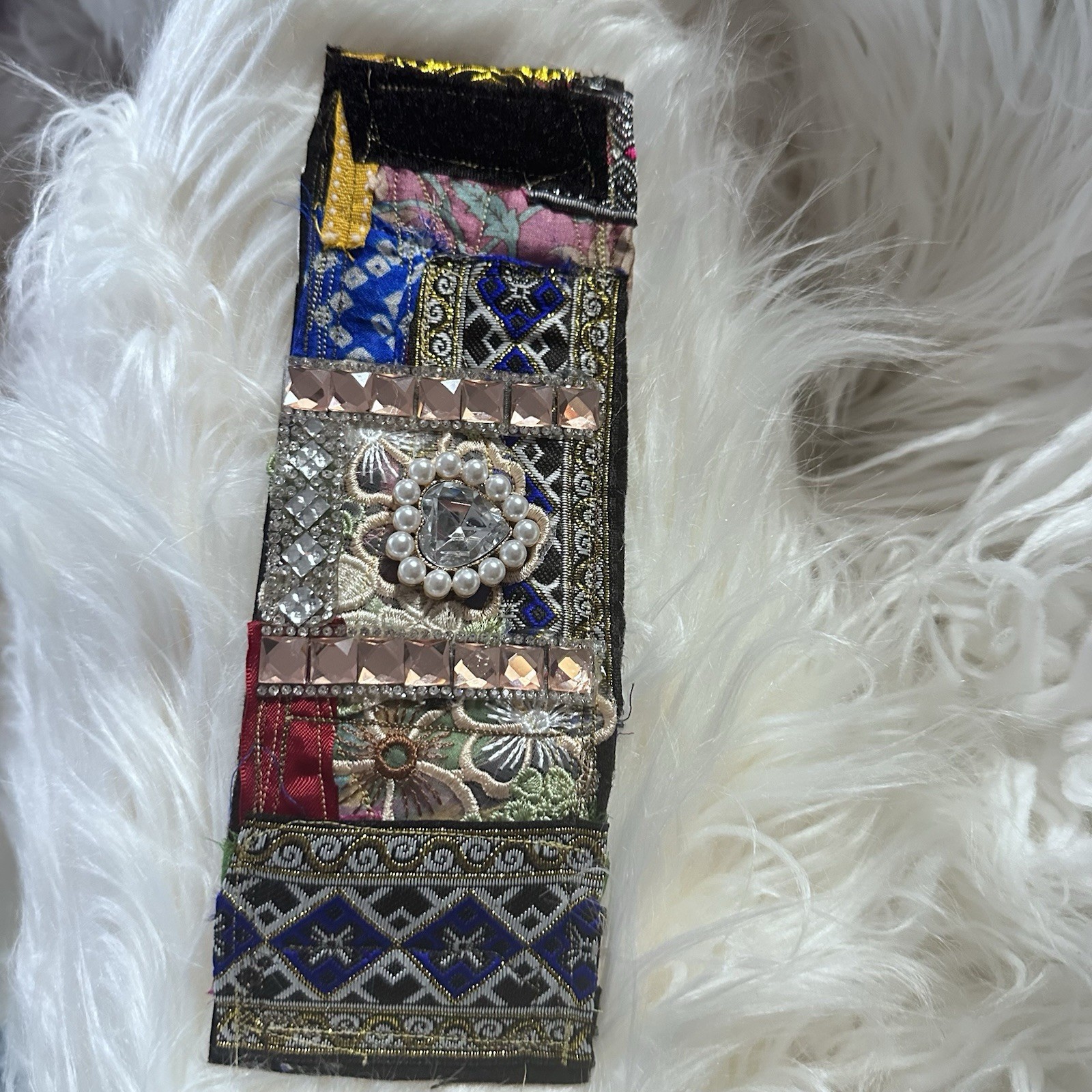 Handcrafted Artisan Cuff Bracelet Up Cycled Jewel Pearl Accent Fabric OOAK 7