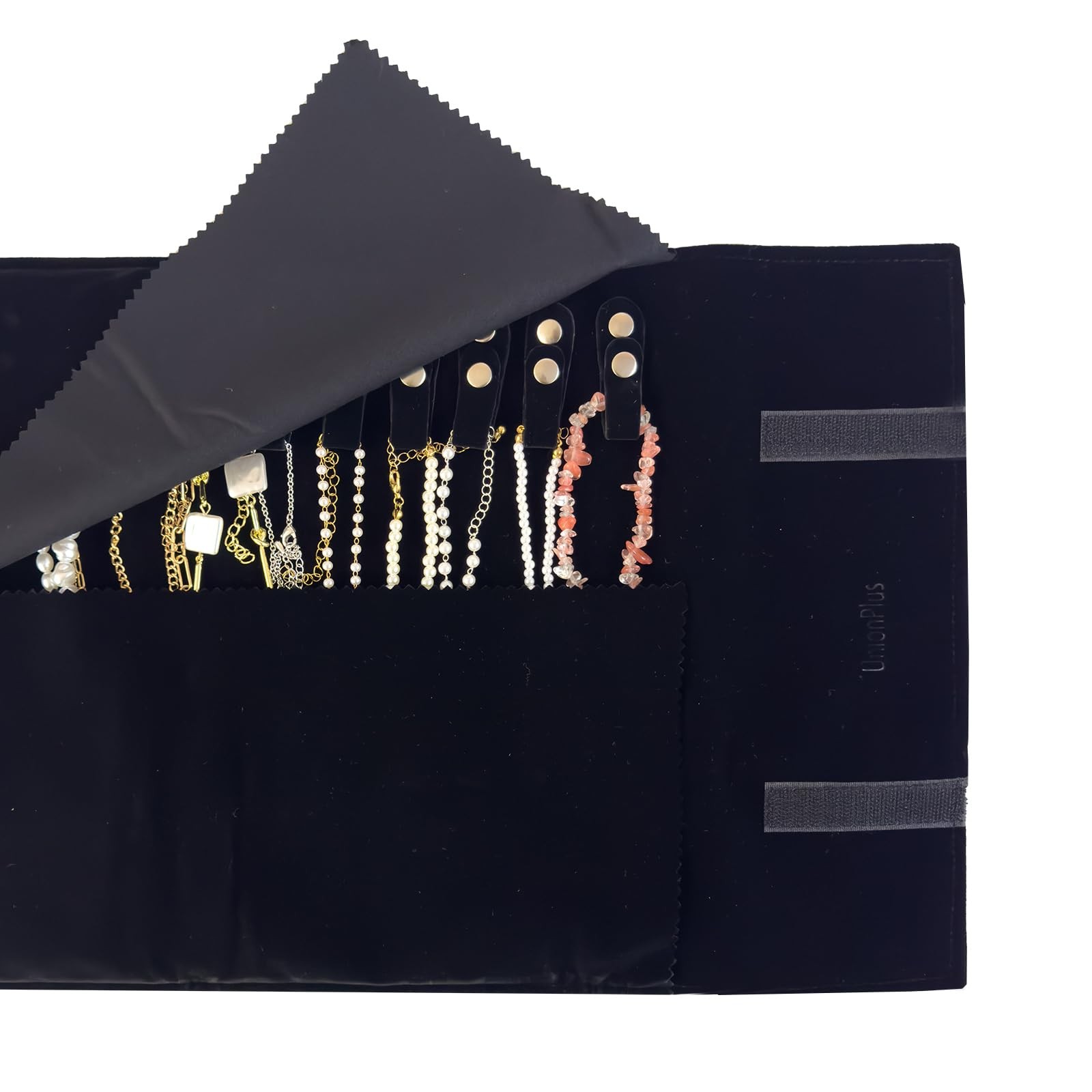UnionPlus Velvet Travel Jewelry Roll Bag Organizer for Medium, Black