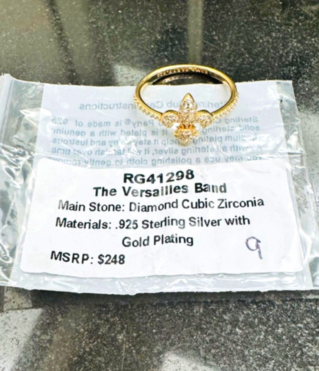 Bomb Party – .925 Sterling Silver Gold Plated Pavé CZ Band Size 9 Fleur-de-Lis