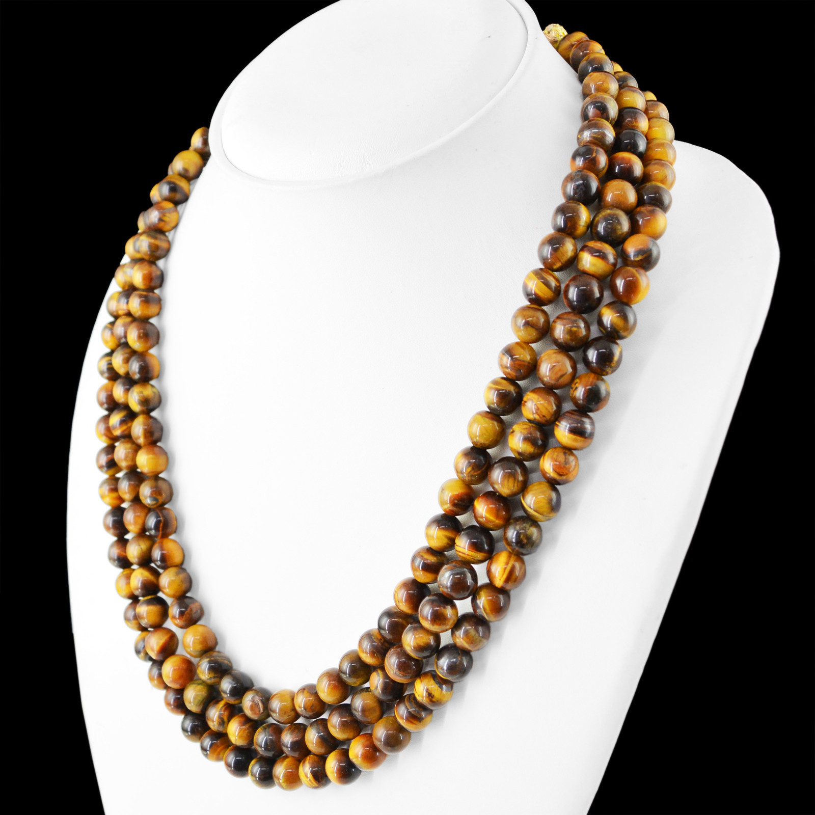 EXCELLENT 635.00 CTS NATURAL 3 LINE GOLDEN TIGER EYE ROUND BEADS NECKLACE (DG)