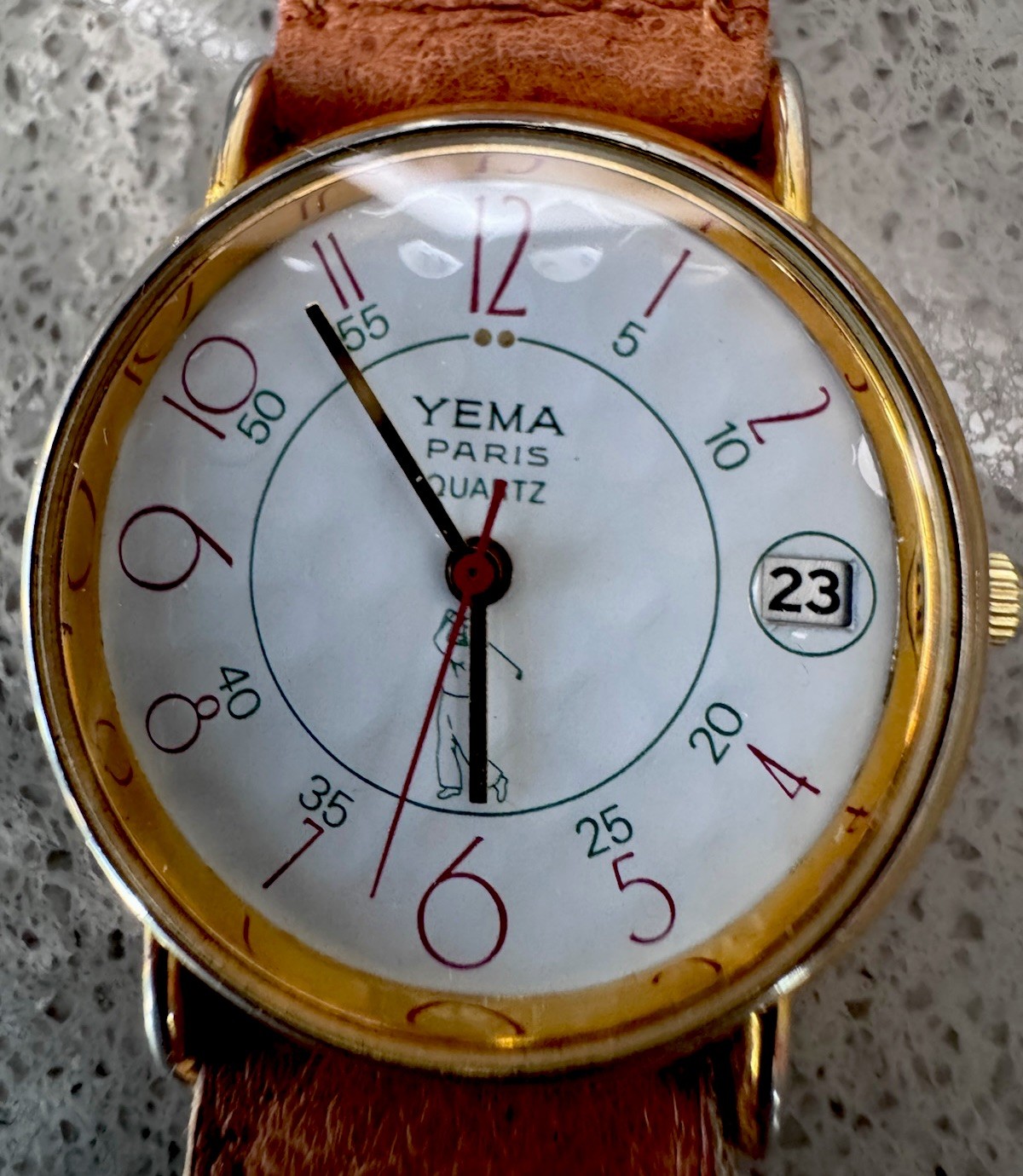 Vintage YEMA Paris Golf Quartz Watch Golfer Dial Date French Retro Wristwatch