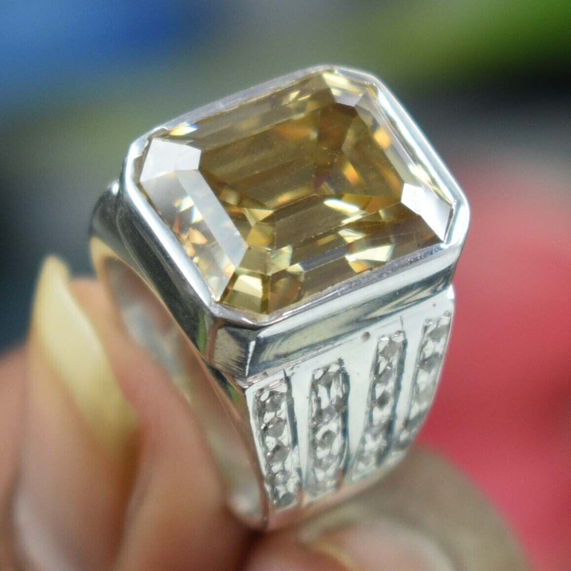 RARE 20.00 Ct Emerald Cut Champagne Treated Diamond Ring 925 Silver