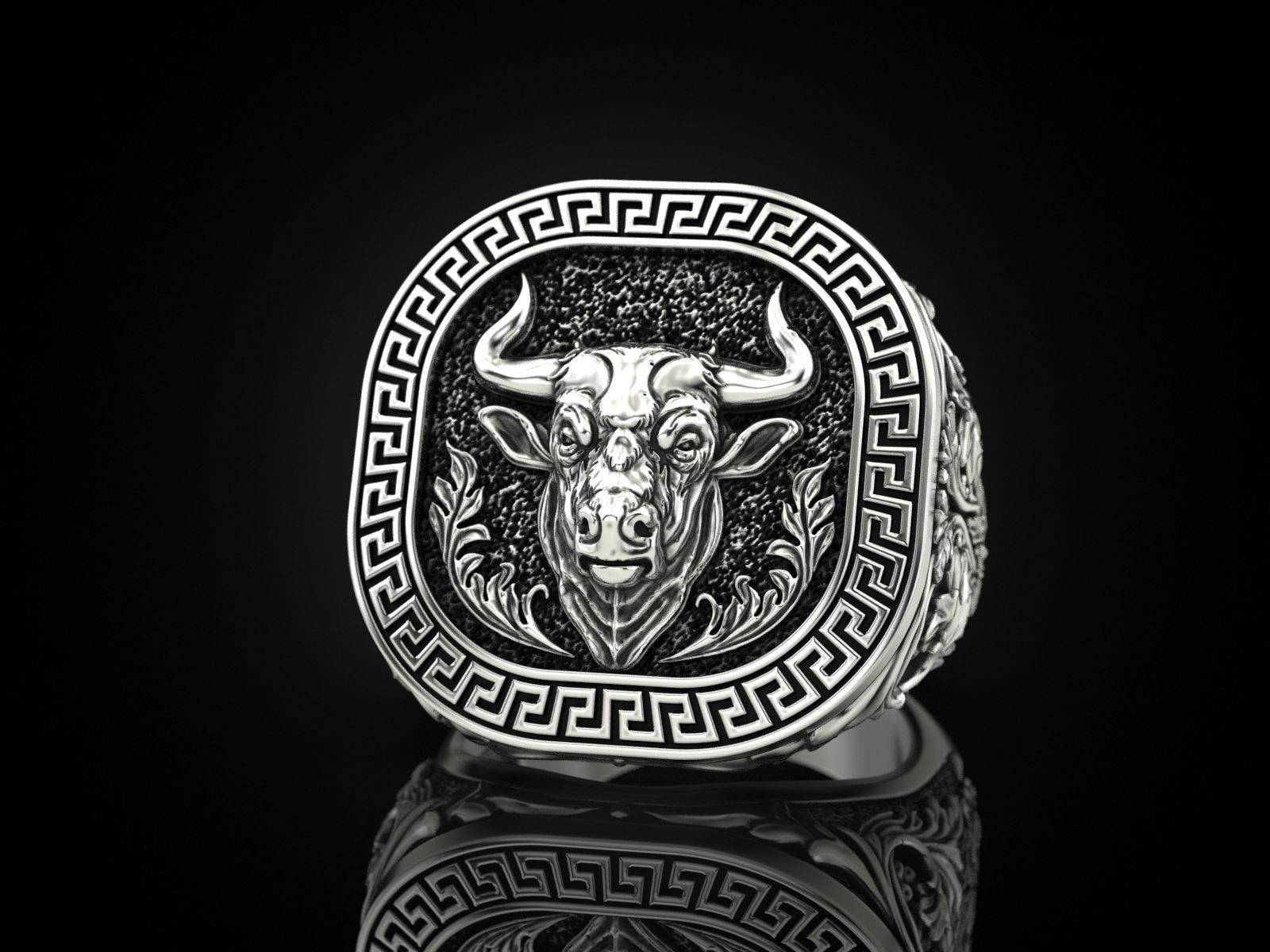 Oxidized Men’s Greek Ornament Pattern Bull 925 Sterling Silver Statement Rings