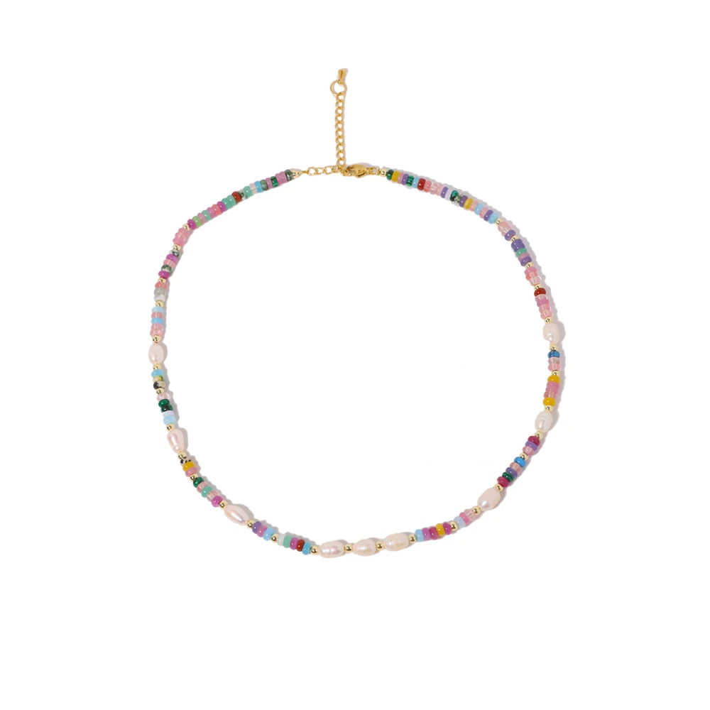 Colored Natural Stone Pearls Necklace Jewelry Women 18K Gold Plated Korean Desig