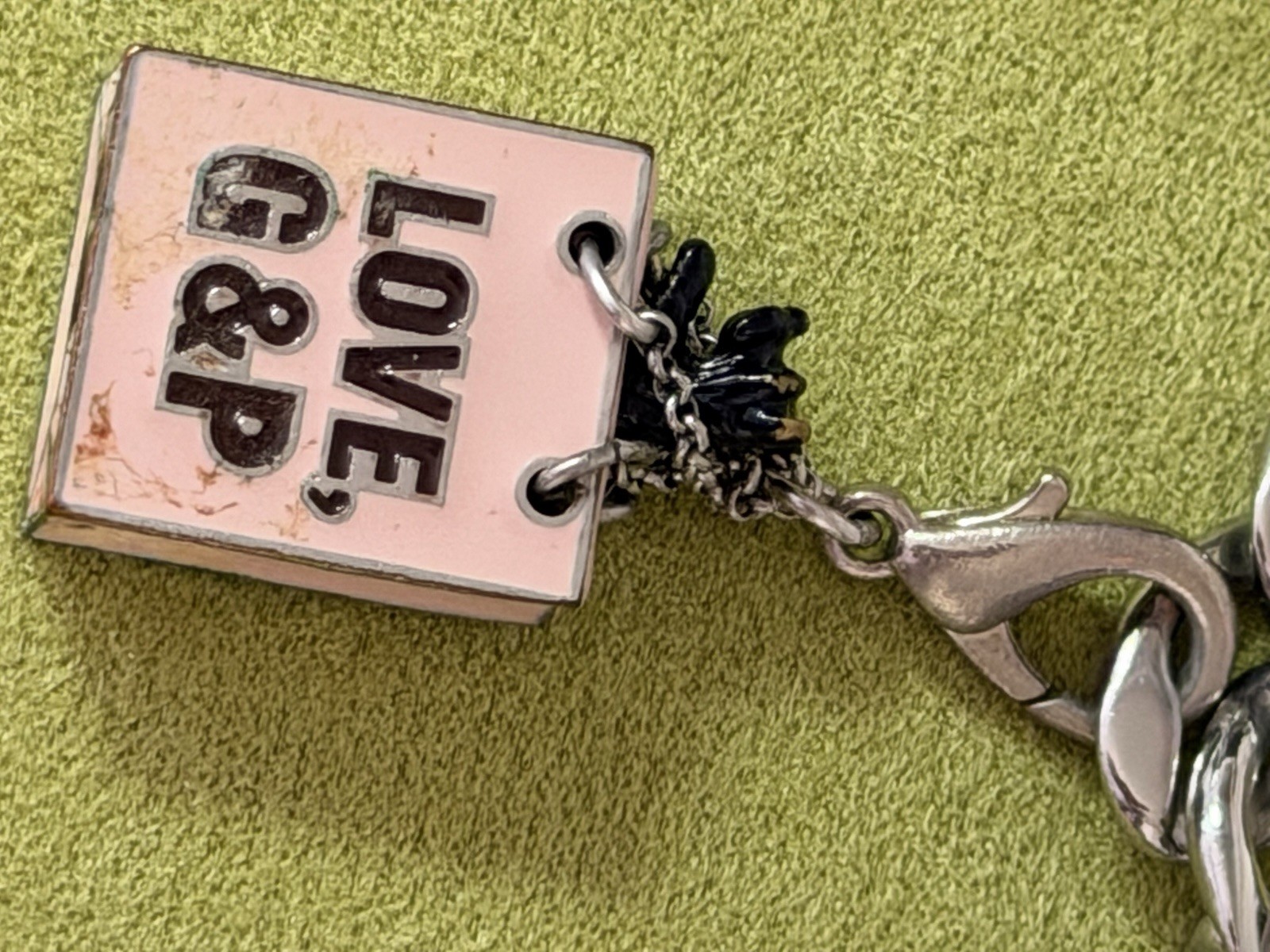 Juicy Couture Signed Silver/Pink Curb Link Charm Bracelet Toggle Crystal Enamel