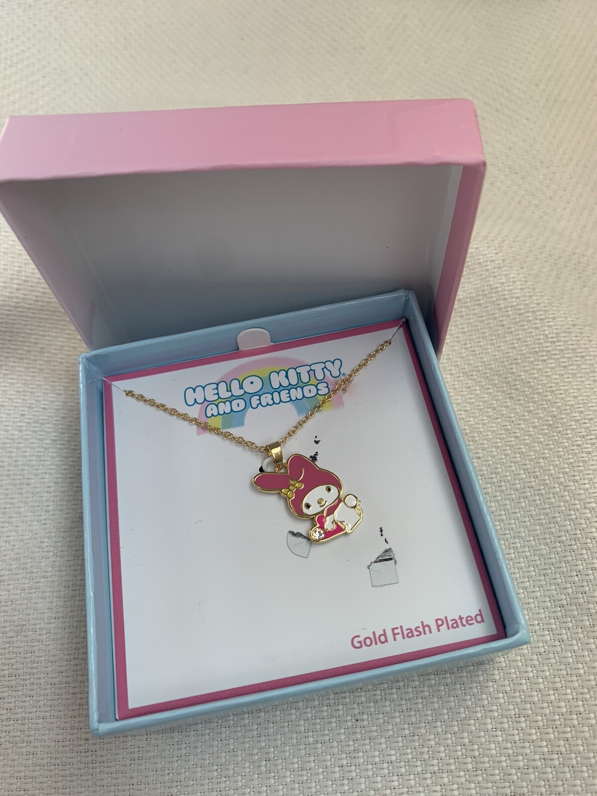 My Melody Crystal Heart 14K Gold Plated Necklace Hello Kitty 16” NIB