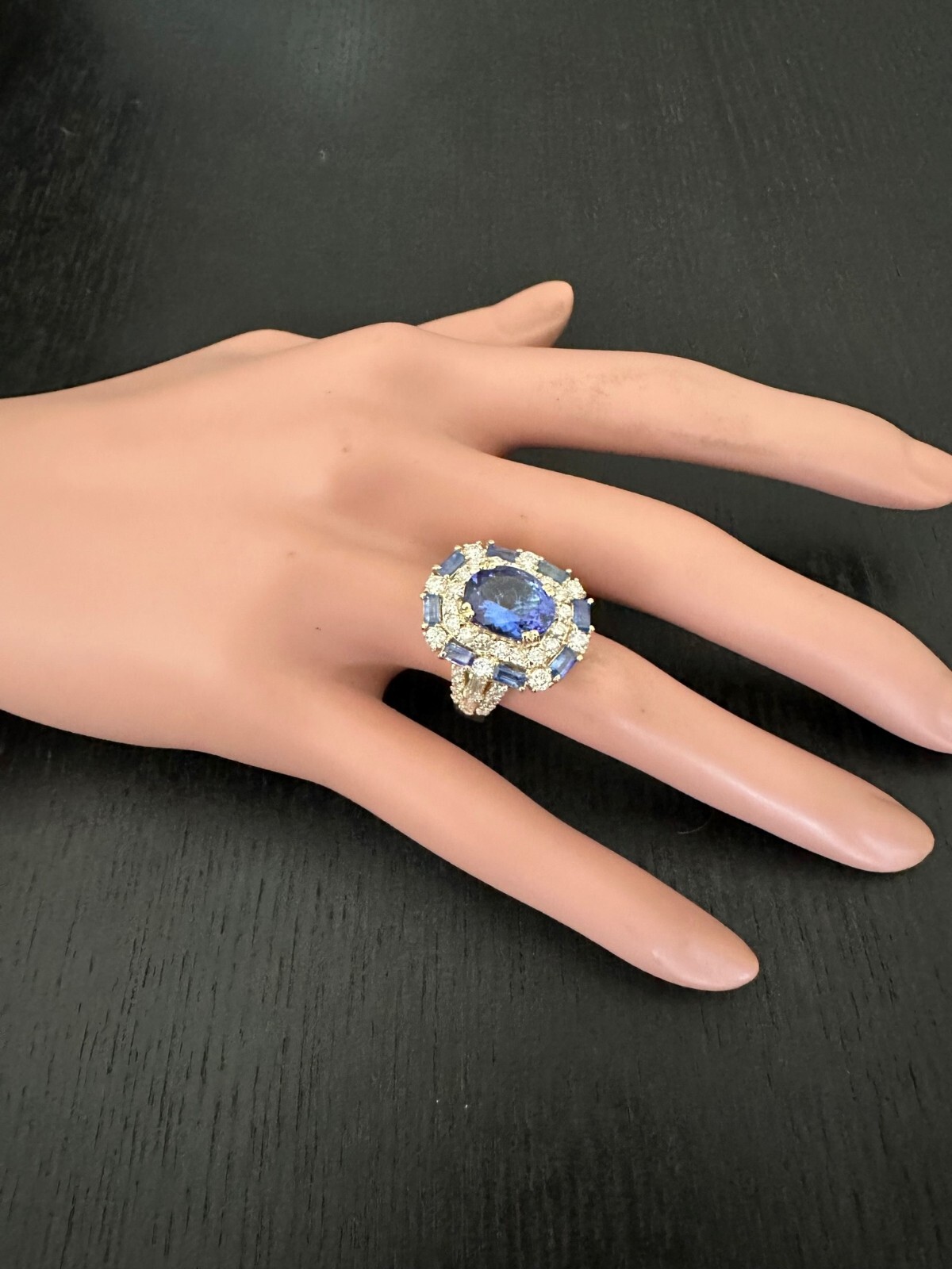 6.80 Carat Natural Blue Tanzanite and Diamonds in 14K Solid Yellow Gold Ring