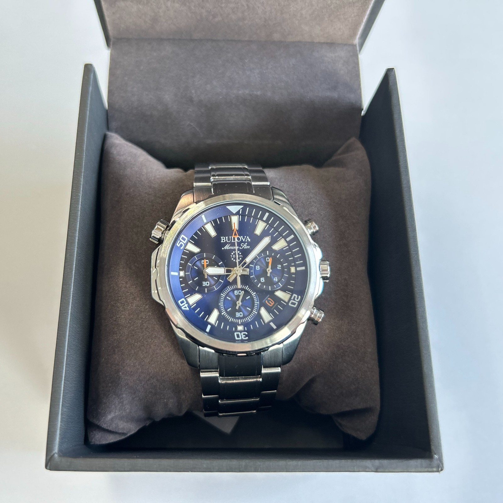 Bulova Marine Star 96B256 Blue Dial Men’s Chronograph Quartz Watch New/Box 43mm