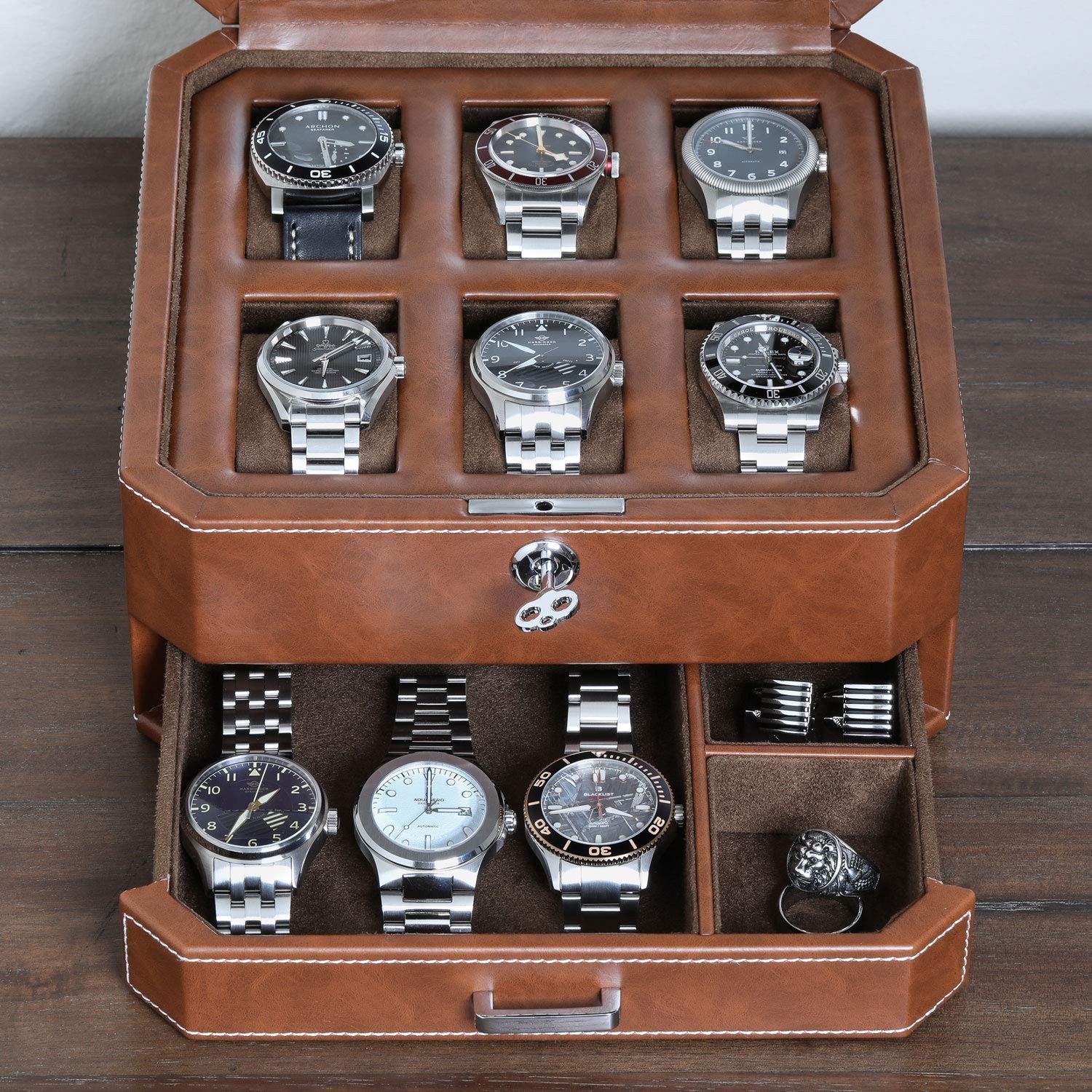 Luxury 6-Slot Leather Watch Box with Valet Drawer – Glass Top Organizer, Locking
