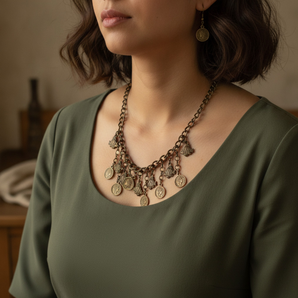 Vintage Boho Necklace & Dangle Earrings Set Unique Bronze Tone Lion Head Coin