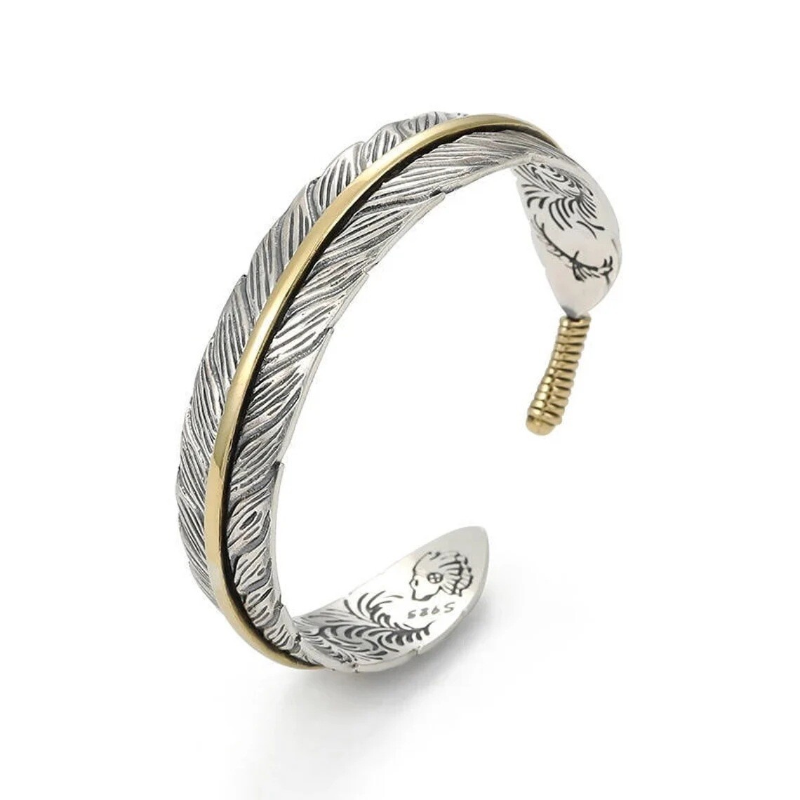 Women Men Retro Vintage 925 Sterling Gold Silver Feather Cuff Bangle Bracelet US