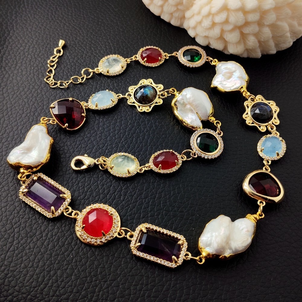 Unique Multi Color Stone Crystal Cultured White Pearl Choker Necklace Handmade