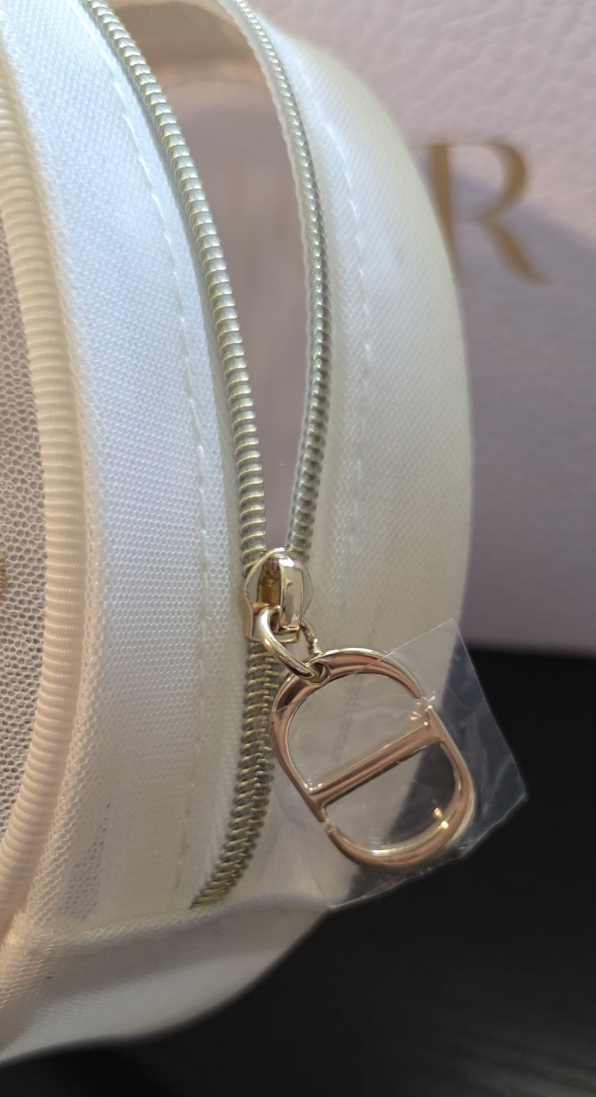 Dior Round Butterfly Embroidered Jewelry Pouch White Pink Gold Zip Lined