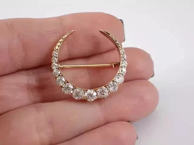 2.50Ct Round Lab Created Diamond Crescent Moon Brooch Pin 14K Yellow Gold Plated