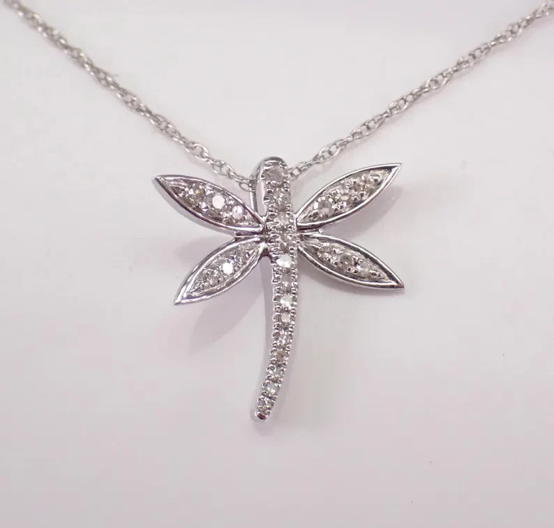 0.12Ct Round Cut Tester Pass Moissanite Dragonfly Pendant 14K White Gold Plated