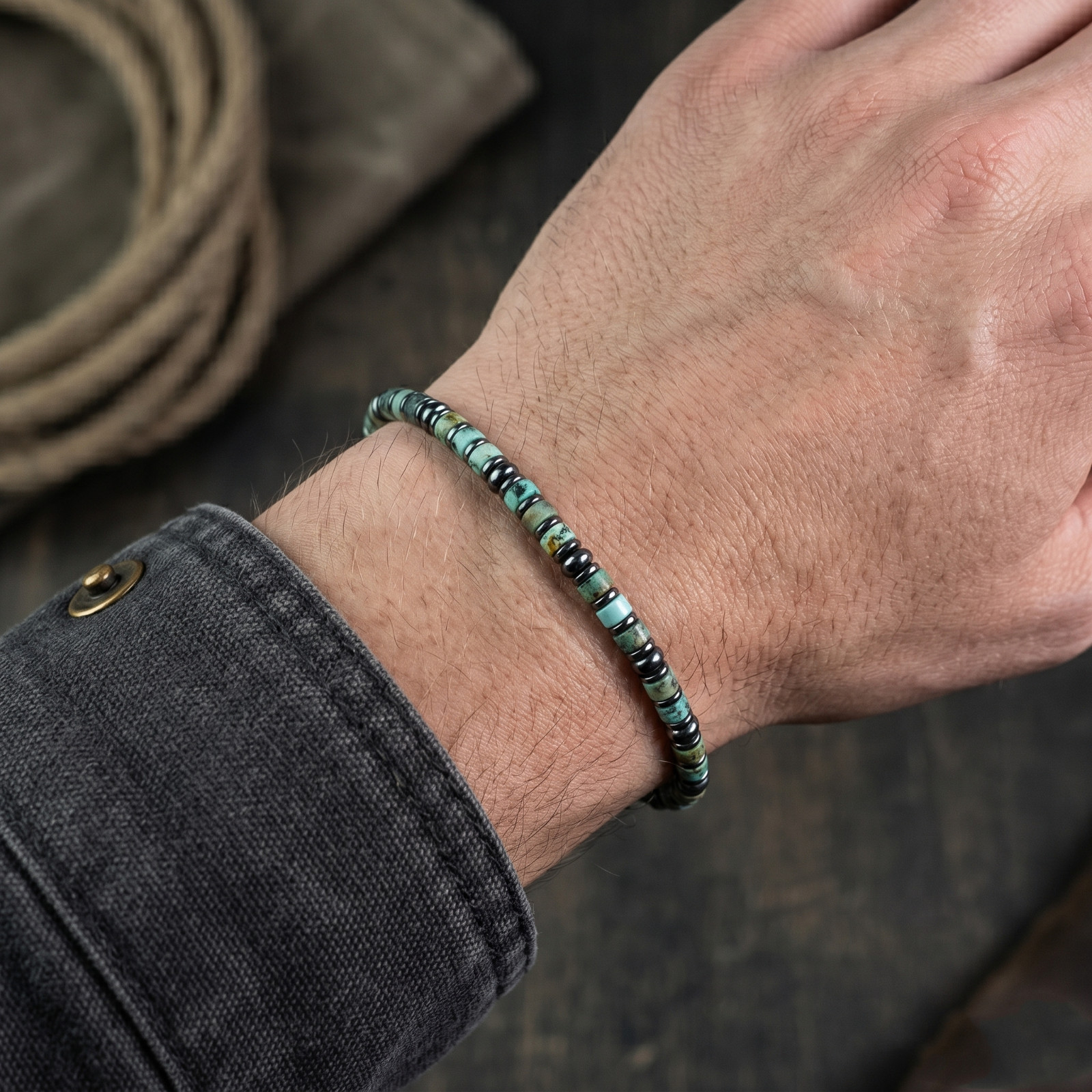 Men’s African Turquoise Hematite Bracelet 7.5 Inch Natural Stone Protection