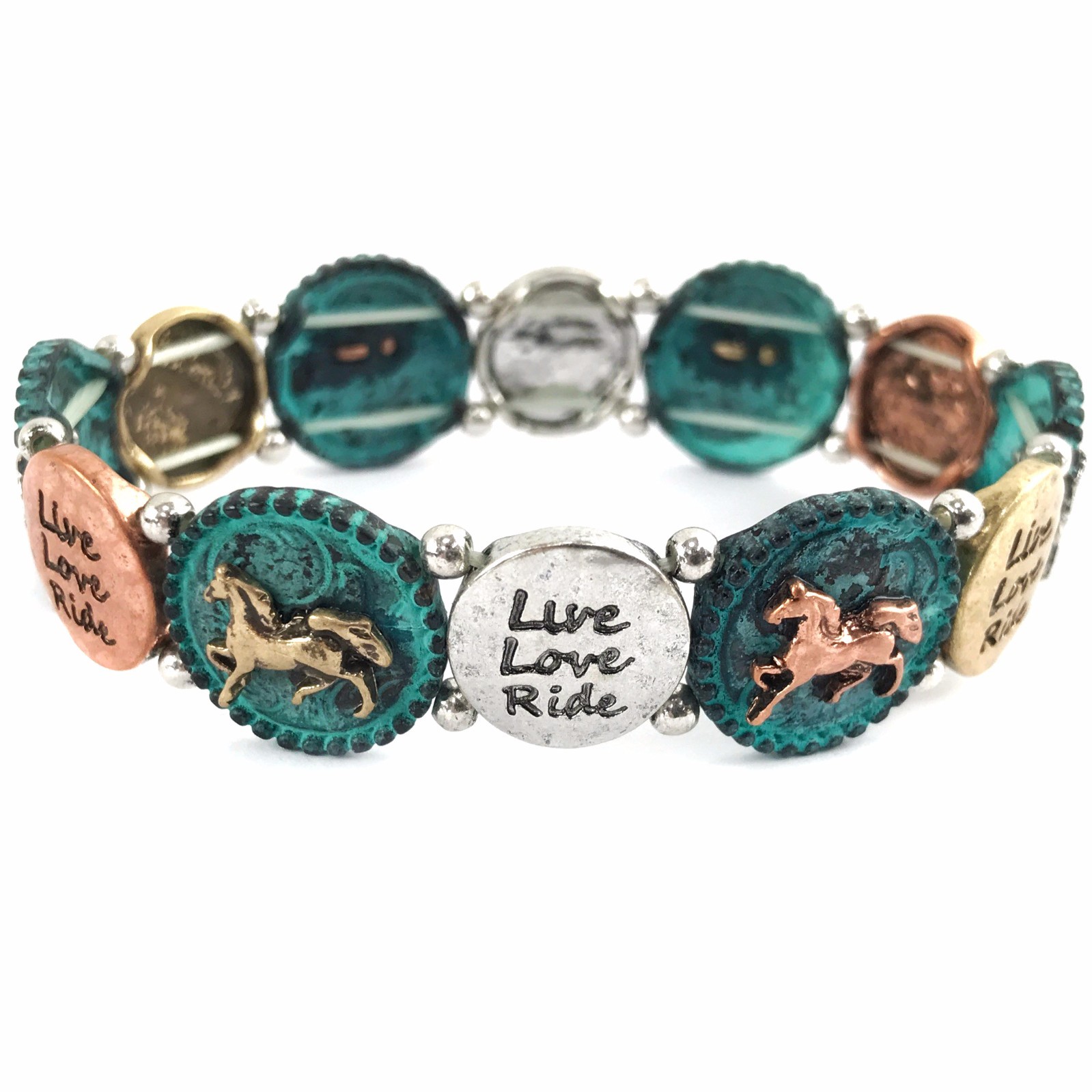 Western Cowgirl Hammered Live Love Ride Wild West Horse Color Stretch Bracelet