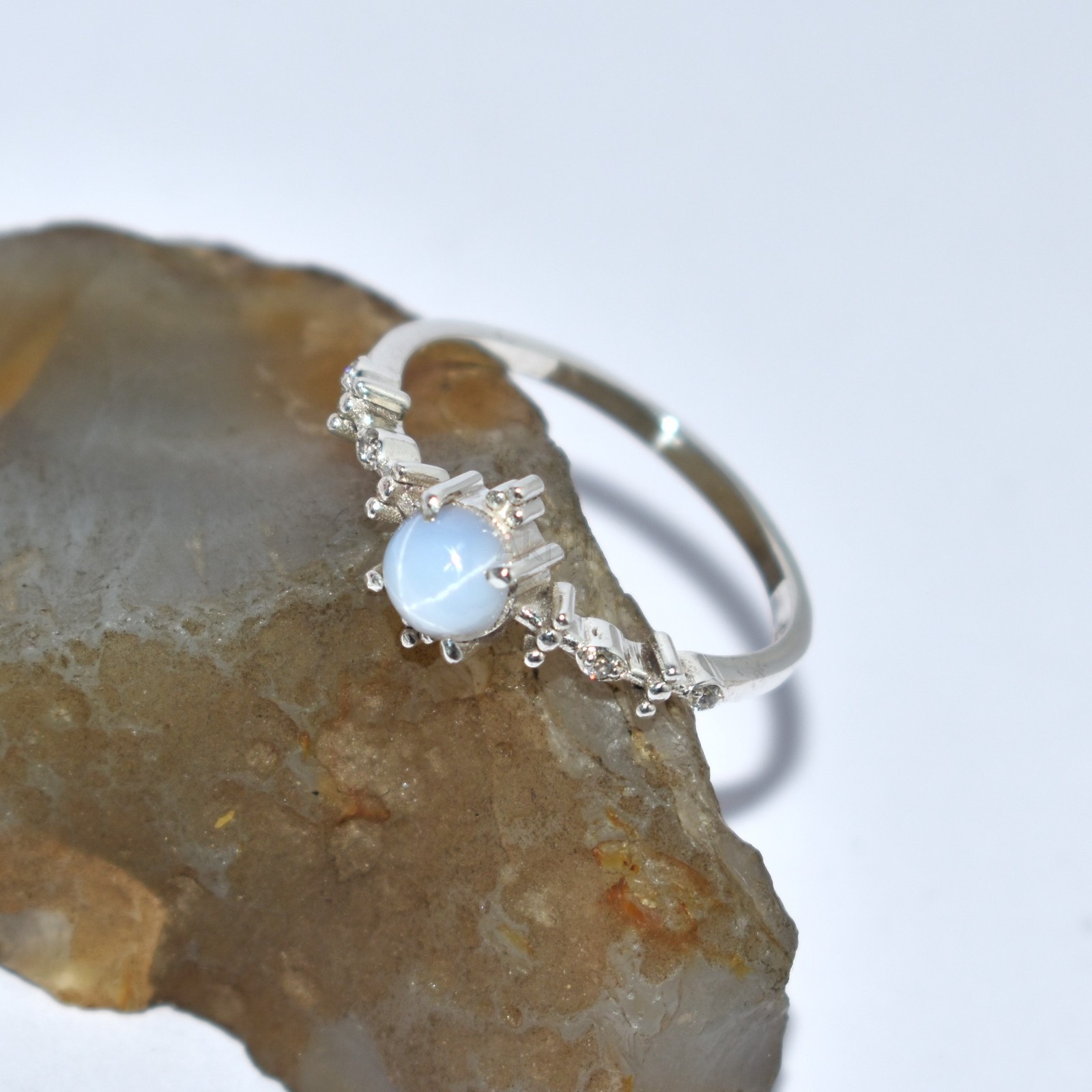 Forest Style White Lab Lindy Star Sapphire & CZ Diamond 925 Sterling Silver Ring