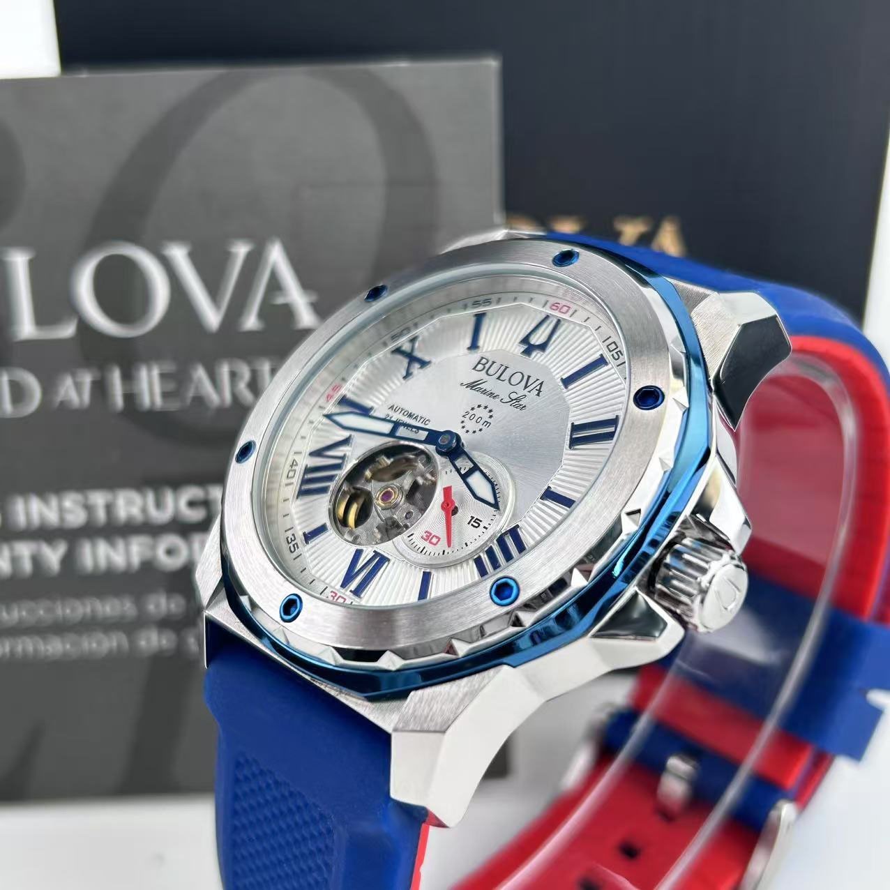 New Bulova Marine Star White Dial Blue Rubber Strap Men’s Automatic Watch 98A225