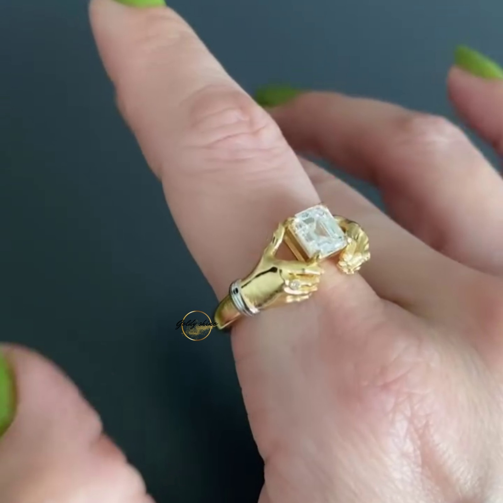 1 Ct Asscher Cut Moissanite Grasping Hands Artistic Ring 14K Yellow gold plated